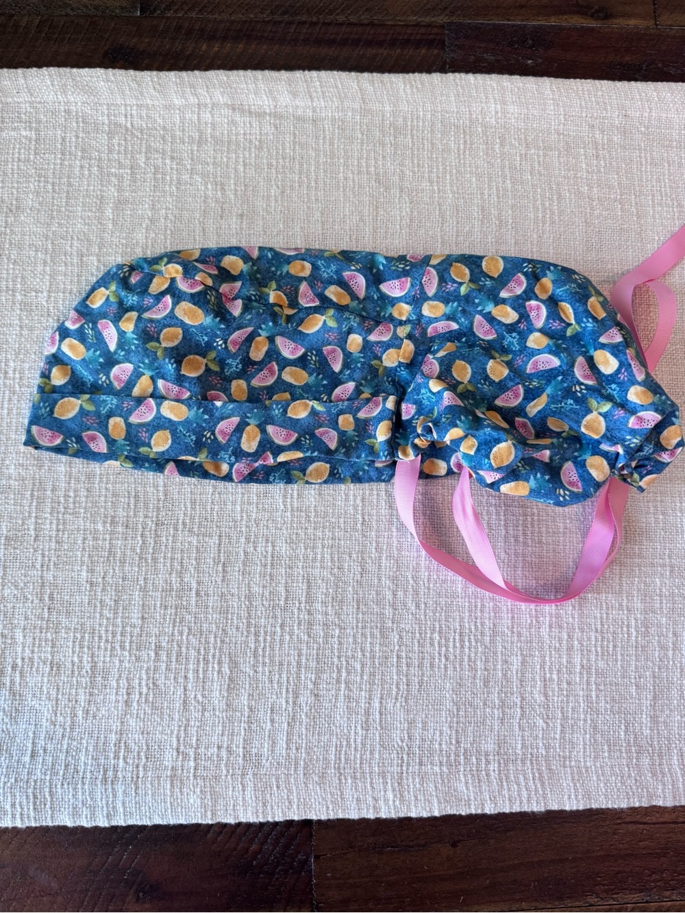 Women’s Blue Fruit-Print Scrub Cap with Pink Ties